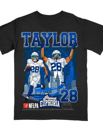 Jonathan Taylor Indianapolis NFL Player graphic tee  by Planet Euphoria in black, front view.
