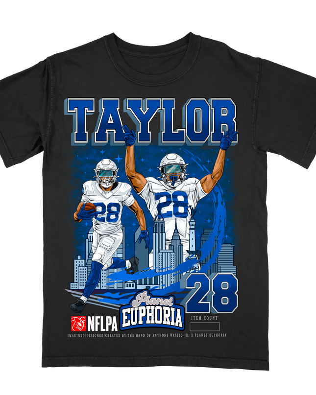Jonathan Taylor Indianapolis NFL Player graphic tee  by Planet Euphoria in black, front view.