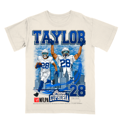 Jonathan Taylor Indianapolis NFL Player graphic tee  by Planet Euphoria in off-white, front view.