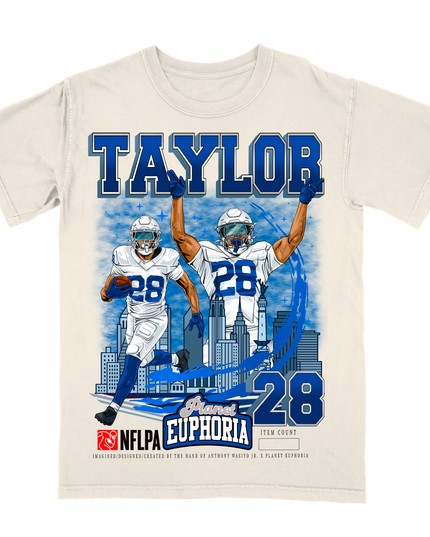 Jonathan Taylor Indianapolis NFL Player graphic tee  by Planet Euphoria in off-white, front view.