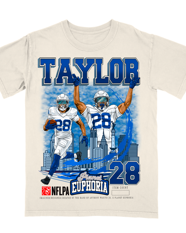 Jonathan Taylor Indianapolis NFL Player graphic tee  by Planet Euphoria in off-white, front view.