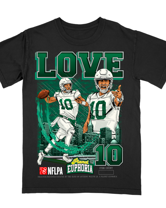 Jordan Love Green Bay QB1 NFL Player graphic tee by Planet Euphoria in black, front view.