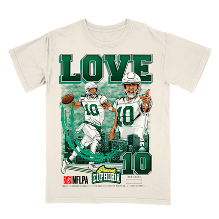 Jordan Love Green Bay QB1 NFL Player graphic tee by Planet Euphoria in off-white, front view.