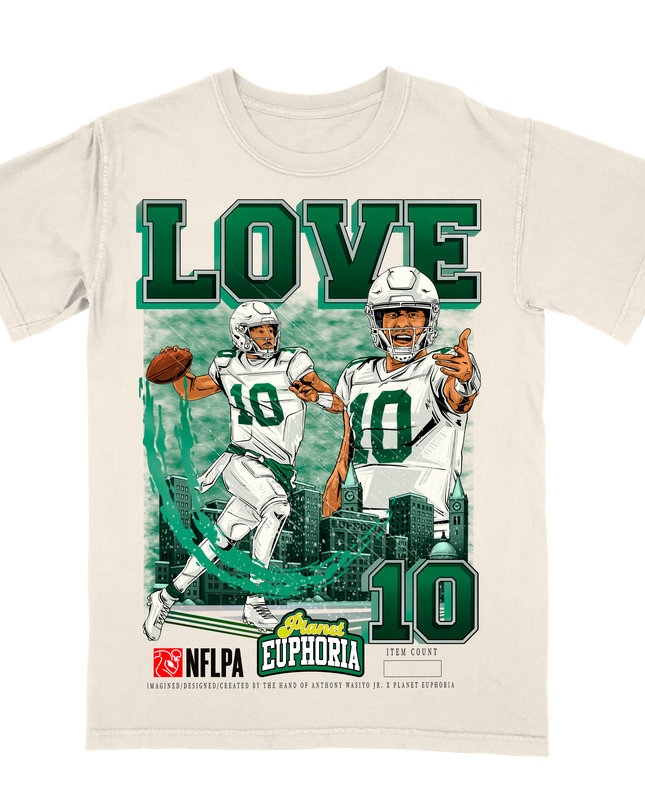 Jordan Love Green Bay QB1 NFL Player graphic tee by Planet Euphoria in off-white, front view.