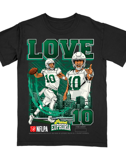 Jordan Love Green Bay NFL Player graphic tee V4 by Planet Euphoria in black, front view.