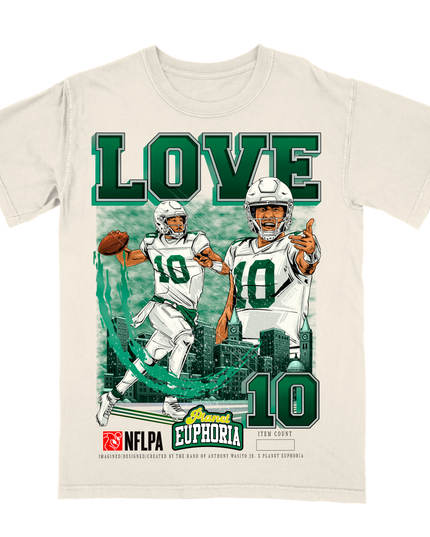 Jordan Love Green Bay NFL Player graphic tee V4 by Planet Euphoria in off-white, front view.