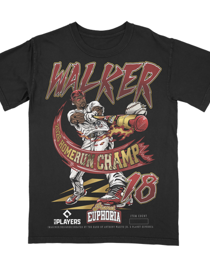 Jordan Walker 'Homerun Derby Champ' hand drawn graphic t-shirt by Planet Euphoria in black, front view.