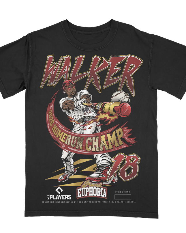 Jordan Walker 'Homerun Derby Champ' hand drawn graphic t-shirt by Planet Euphoria in black, front view.