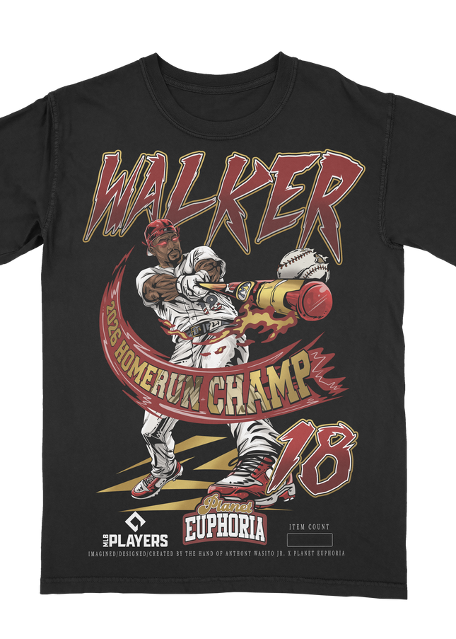 Jordan Walker 'Homerun Derby Champ' hand drawn graphic t-shirt by Planet Euphoria in black, front view.
