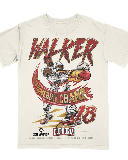 Jordan Walker 'Homerun Derby Champ' hand drawn graphic t-shirt by Planet Euphoria in off-white, front view.