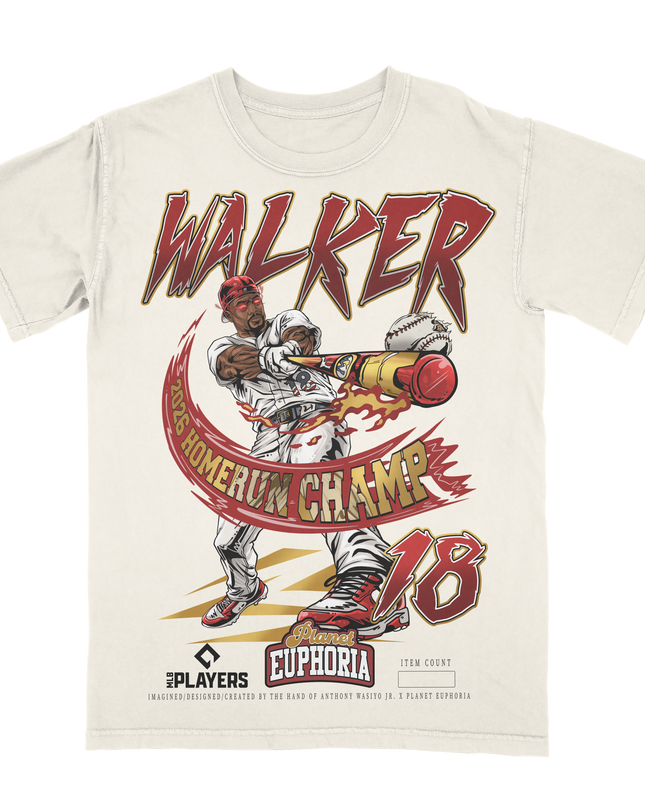Jordan Walker 'Homerun Derby Champ' hand drawn graphic t-shirt by Planet Euphoria in off-white, front view.