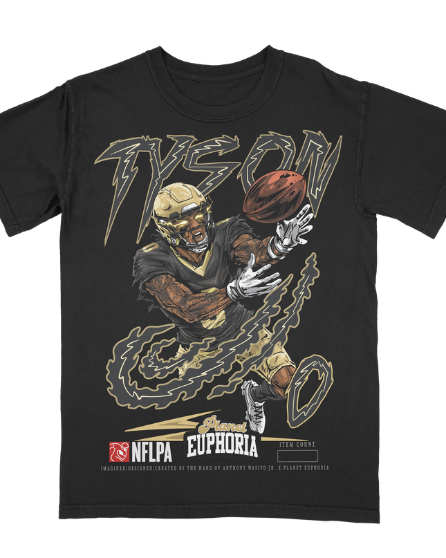 Jordyn Tyson New Orleans Saints NFLPA black graphic t-shirt by Planet Euphoria in black, front view.,