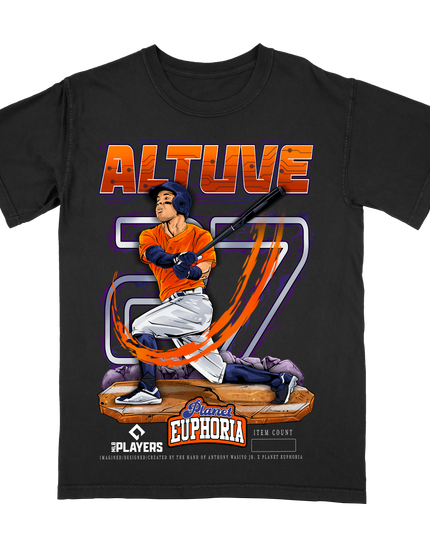 Jose Altuve Houston MLBPA graphic tee by Planet Euphoria in black, front view.