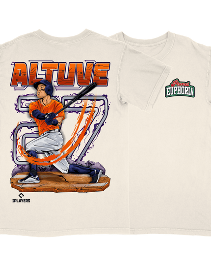 Jose Altuve Houston MLB graphic tee by Planet Euphoria in off-white, front and back view.