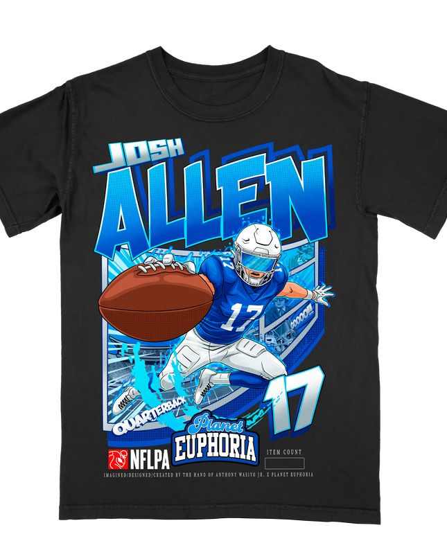 Josh Allen Buffalo #17 frozen graphic tee by Planet Euphoria in black, front view.