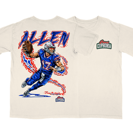 Josh Allen graphic tee V5 by Planet Euphoria in off-white, front and back view.