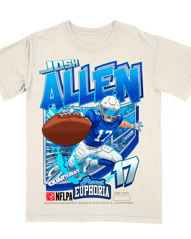 Josh Allen Buffalo #17 frozen graphic tee by Planet Euphoria in off-white, front view.