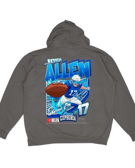 Josh Allen Buffalo football limited graphic hoodie by Planet Euphoria in gray, back view.