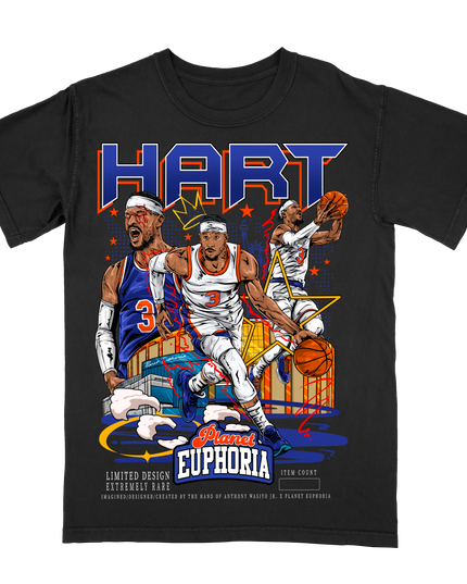 Josh Hart New York basketball graphic t-shirt featuring MSG by Planet Euphoria in black, front view.