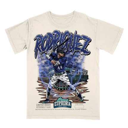 Youth Julio Rodriguez Seattle Mariners graphic t-shirt by Planet Euphoria in off-white, front view.