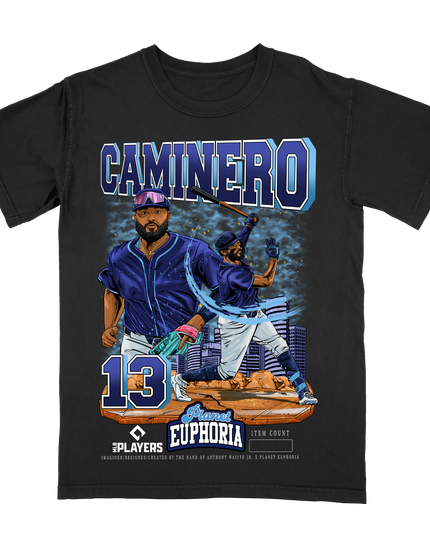Junior Caminero MLB player graphic tee by Planet Euphoria in black, front view.