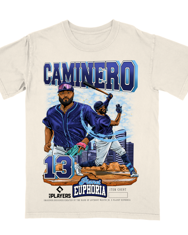 Junior Caminero MLB player graphic tee by Planet Euphoria in off-white, front view.
