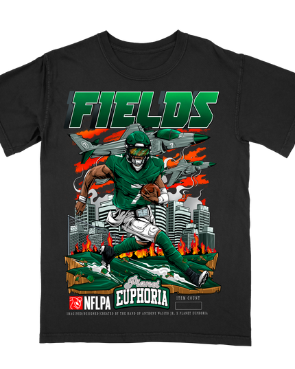 Justin Fields NY Jets action graphic t-shirt, version 3, by Planet Euphoria in black, front view.