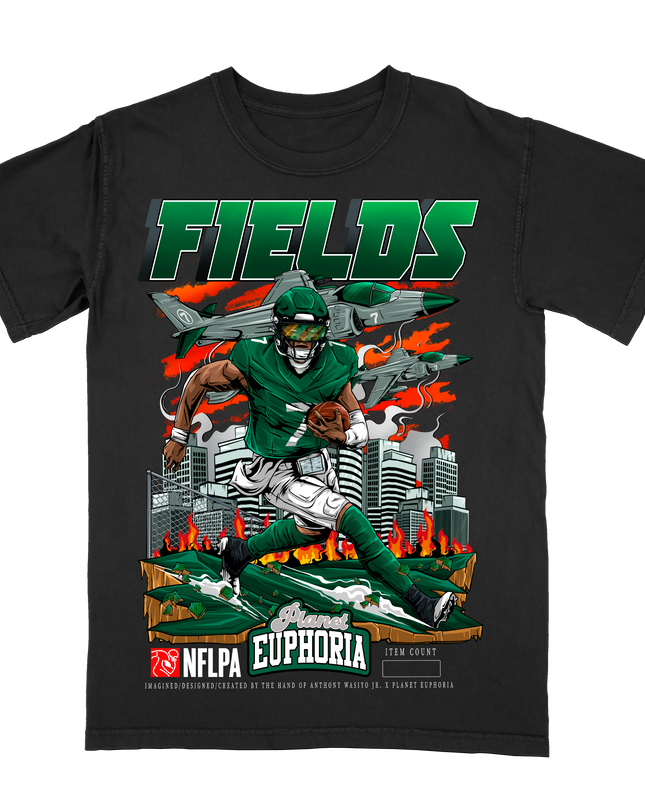 Justin Fields NY Jets action graphic t-shirt, version 3, by Planet Euphoria in black, front view.