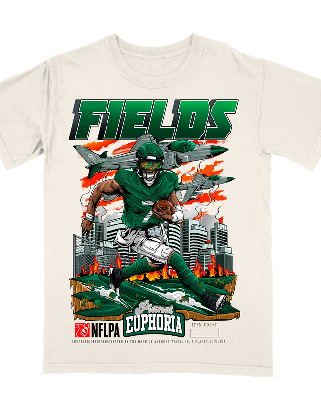 Justin Fields NY Jets action graphic t-shirt, version 3, by Planet Euphoria in off-white, front view.