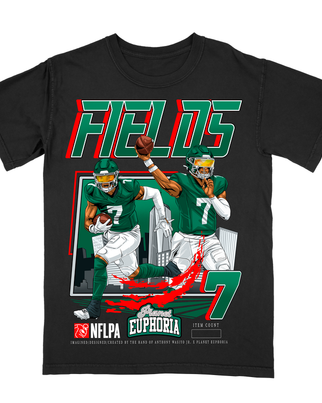 Justin Fields NY Jets NFLPA graphic t-shirt V4 by Planet Euphoria in black, front view.