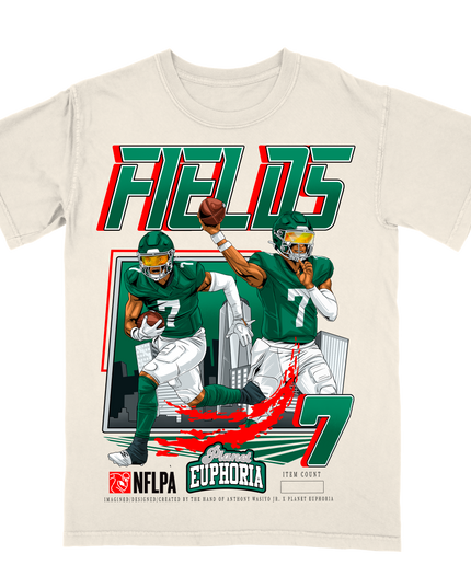 Justin Fields NY Jets graphic t-shirt V4 by Planet Euphoria in off-white, front view.