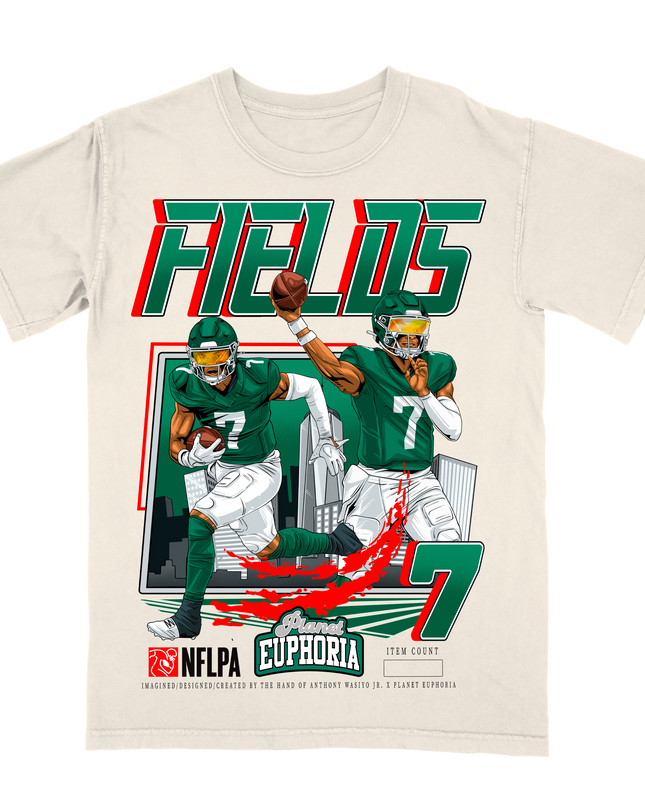 Justin Fields NY Jets graphic t-shirt V4 by Planet Euphoria in off-white, front view.