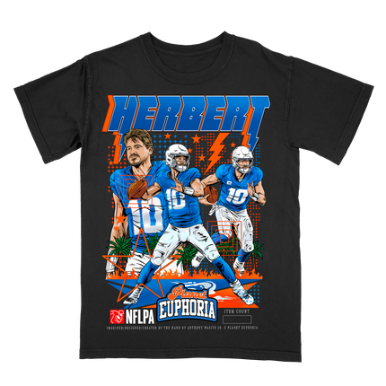 Justin Herbert LA Chargers QB1 graphic t-shirt, by Planet Euphoria in black, front view.