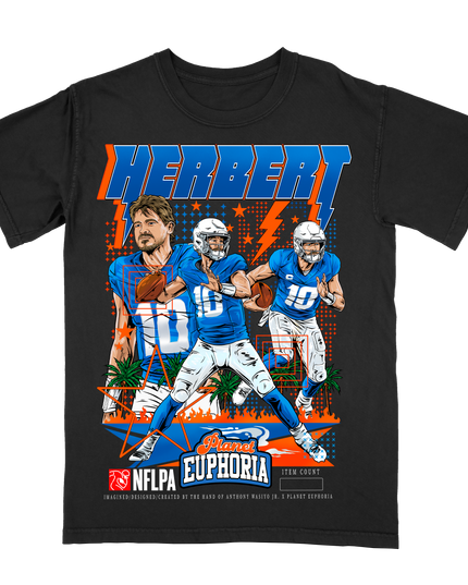 Justin Herbert LA Chargers QB1 graphic t-shirt, by Planet Euphoria in black, front view.
