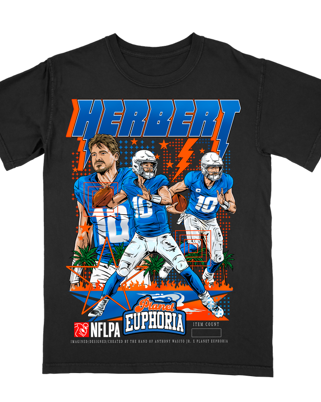 Justin Herbert LA Chargers QB1 graphic t-shirt, by Planet Euphoria in black, front view.