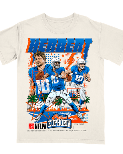 Justin Herbert LA Chargers QB1 graphic t-shirt, by Planet Euphoria in off-white, front view.