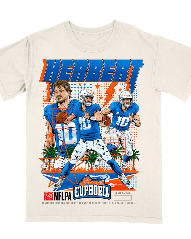 Justin Herbert LA Chargers QB1 graphic t-shirt, by Planet Euphoria in off-white, front view.