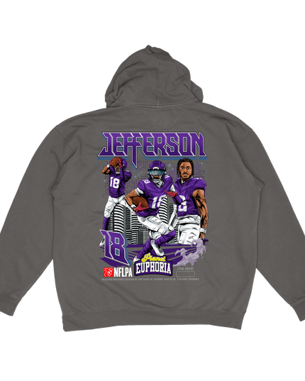 Justin Jefferson Minnesota WR graphic hoodie by Planet Euphoria in grey, back view.
