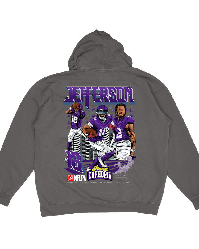 Justin Jefferson Minnesota player graphic hoodie V2 by Planet Euphoria in grey, back view.