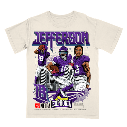Justin Jefferson Minnesota NFL player graphic t-shirt (V2) by Planet Euphoria in off-white, front view.