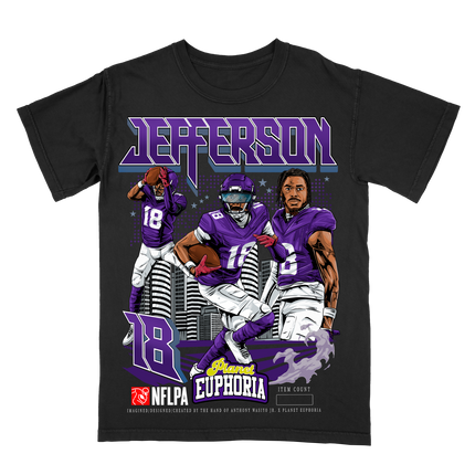 Justin Jefferson Minnesota NFL player graphic t-shirt (V2) by Planet Euphoria in black, front view.