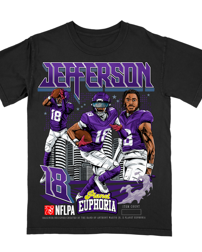 Justin Jefferson Minnesota NFL player graphic t-shirt (V2) by Planet Euphoria in black, front view.