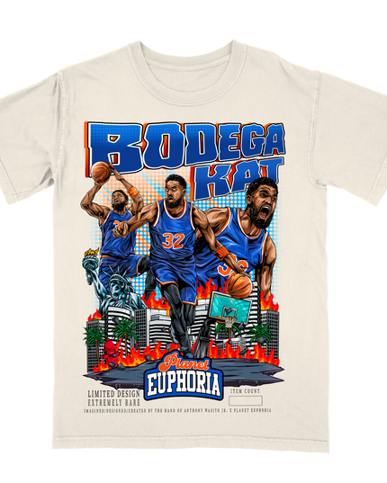 Karl-Anthony Towns Bodega KAT graphic tee by Planet Euphoria in off-white, front view.