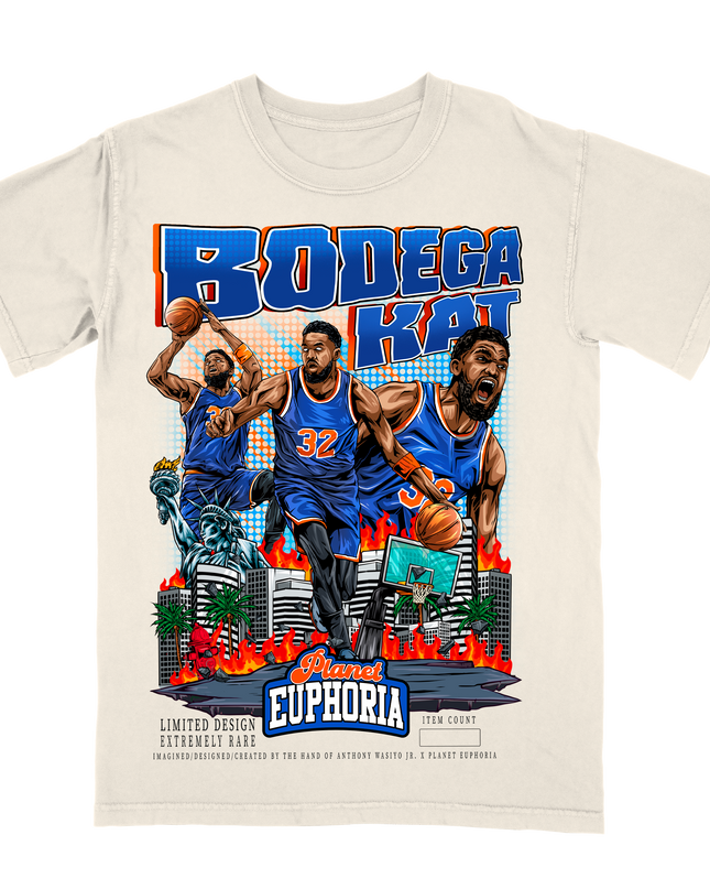 Karl-Anthony Towns Bodega KAT graphic tee by Planet Euphoria in off-white, front view.