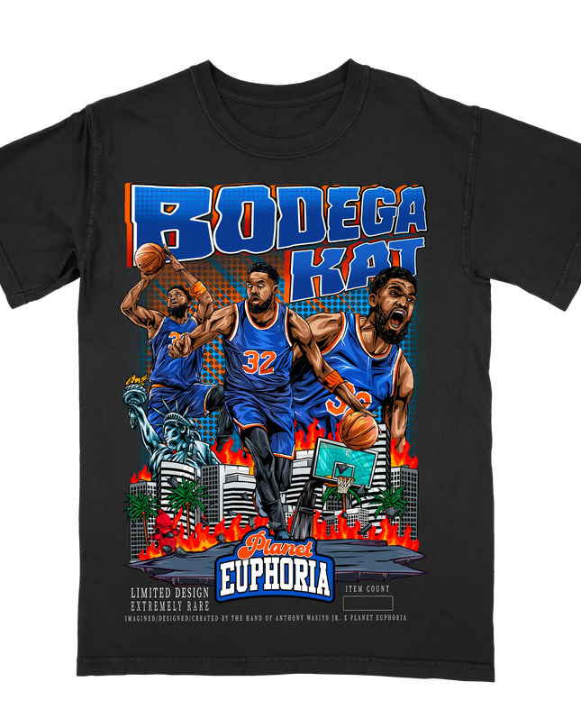 Karl-Anthony Towns Bodega KAT graphic tee by Planet Euphoria in black, front view.