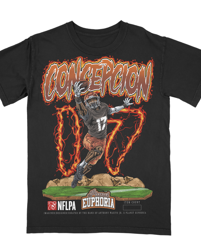 Planet Euphoria KC Concepcion football graphic tee in black, front view.