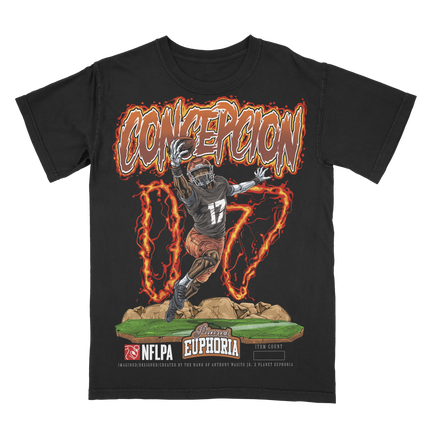 KC Concepcion Cleveland football graphic t-shirt from Planet Euphoria, black shirt, front view