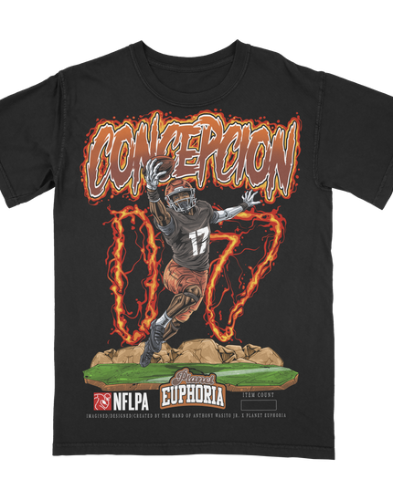 KC Concepcion Cleveland football graphic t-shirt from Planet Euphoria, black shirt, front view