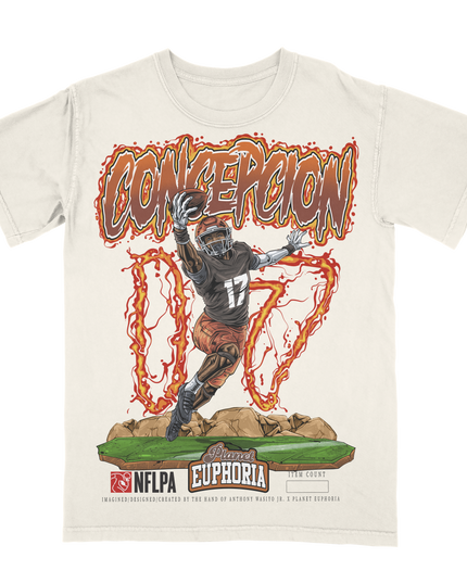 KC Concepcion Cleveland football graphic t-shirt from Planet Euphoria, off-white shirt, front view