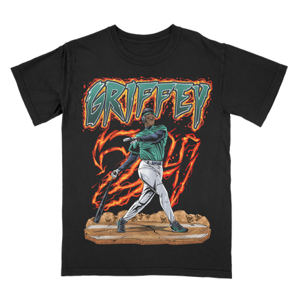 Ken Griffey Jr Seattle Legend #24 flamed player graphic tee by Planet Euphoria in black, front view.